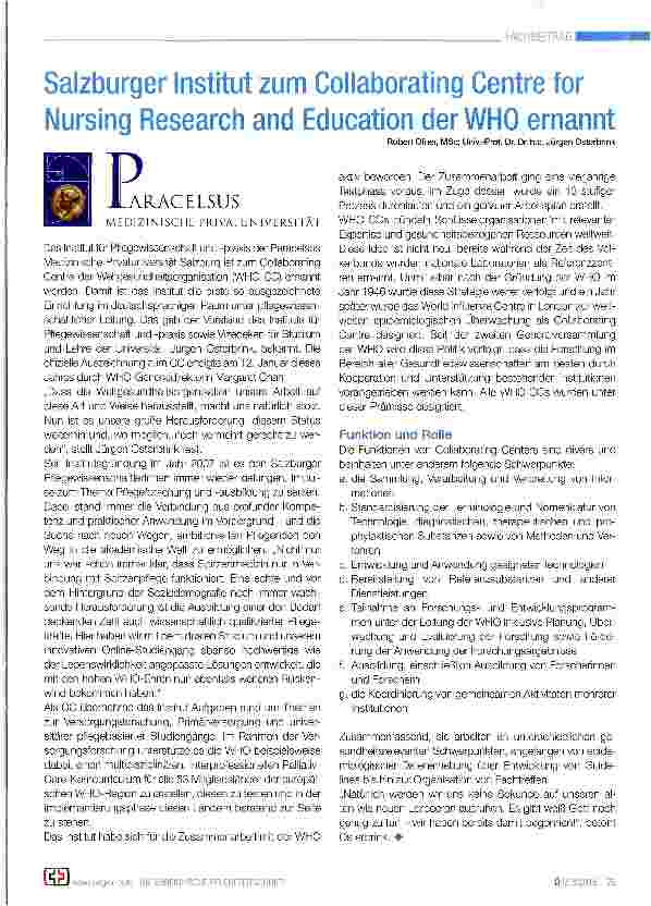Vorschauseite 1: Salzburger Institut zum Collaborating Centre for Nursing Research and Education der WHO ernannt