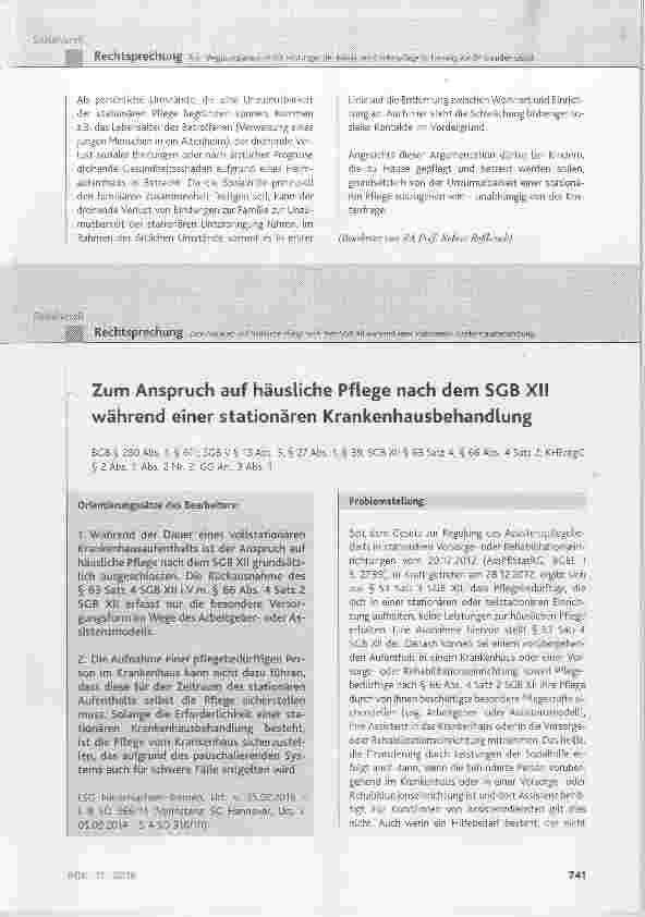 Vorschauseite 1: Zum Anspruch auf häusliche Pflege nach dem SGB XII während einer stationären Krankenhausbehandlung