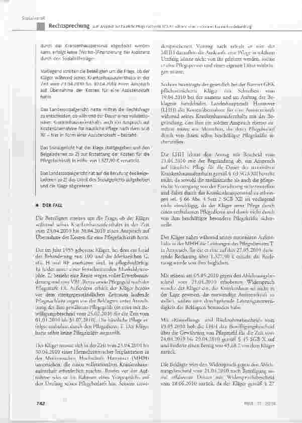 Vorschauseite 2: Zum Anspruch auf häusliche Pflege nach dem SGB XII während einer stationären Krankenhausbehandlung