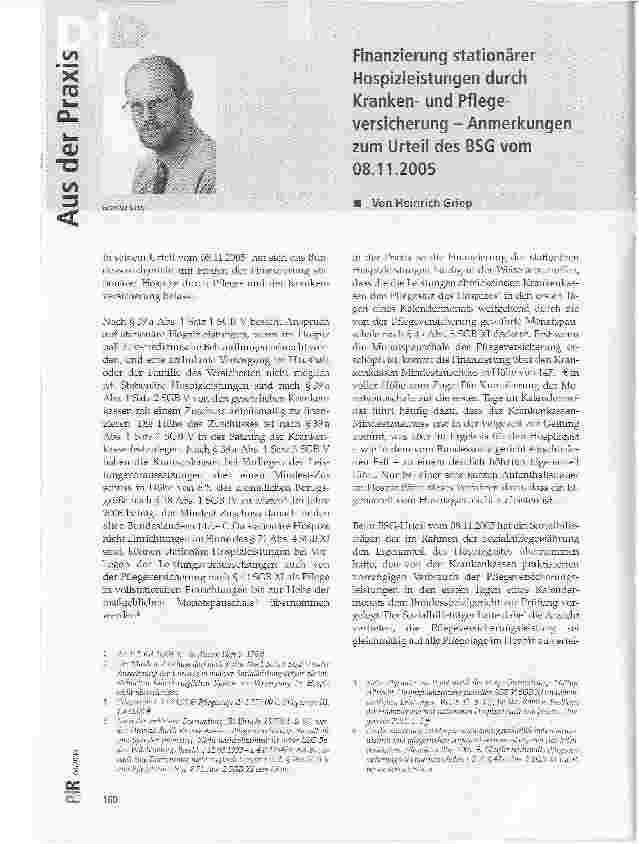Vorschauseite 1: Finanzierung stationärer Hospizleistungen durch Krankenund Pflegeversicherung - Anmerkungen zum Urteil des BSG vom 08. 11. 2005