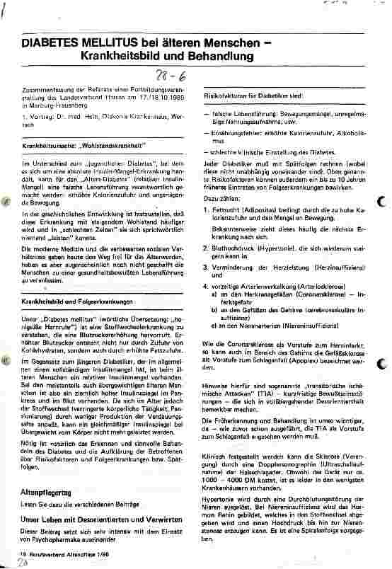 Vorschauseite 1: Diabetes Mellitus bei älteren Menschen - Krankheitsbild und Behandlung - Zusammenfassung von Referaten