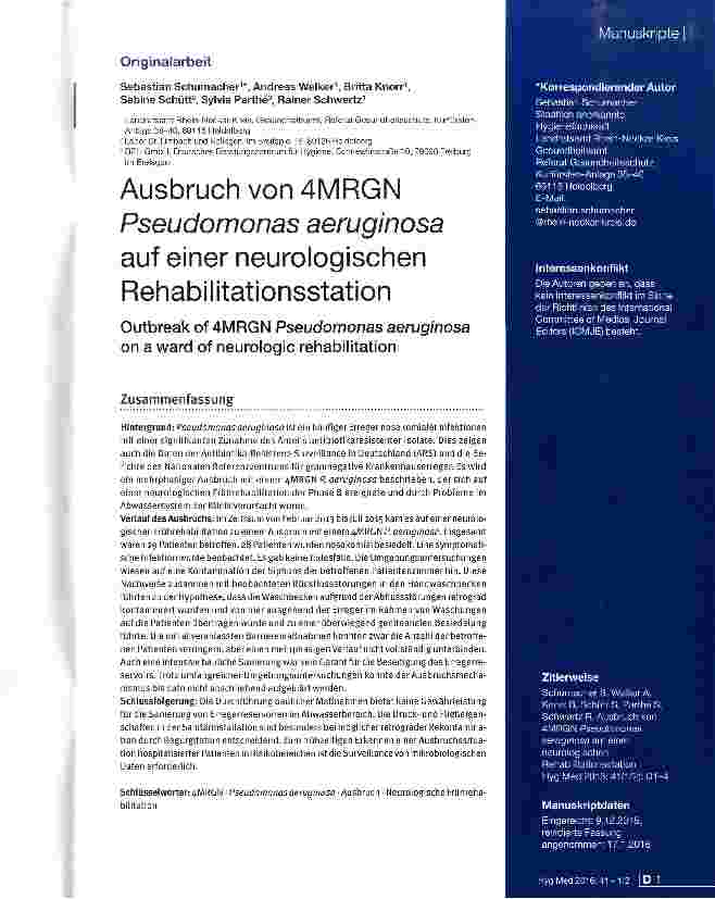 Vorschauseite 1: Ausbruch von 4MRGN Pseudomonas aeruginosa auf einer neurologischen Rehabilitationsstation