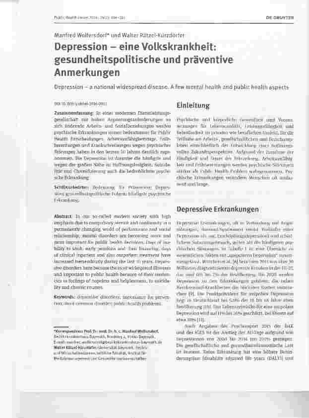 Vorschauseite 1: Depression - eine Volkskrankheit: gesundheitspolitische und präventive Anmerkungen