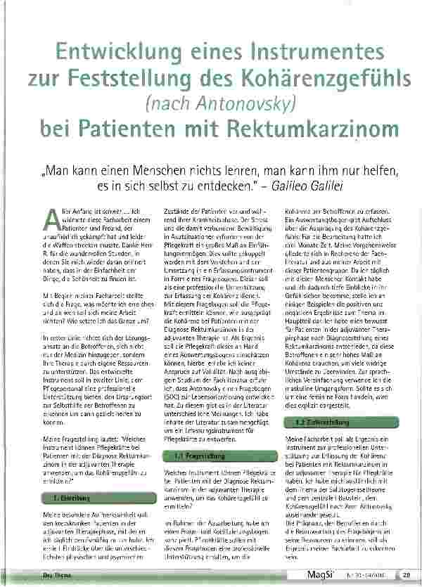 Vorschauseite 1: Entwicklung eines Instrumentes zur Feststellung des Kohärenzgefühls (nach Antonovsky)bei Patienten mit Rektumkarzinom