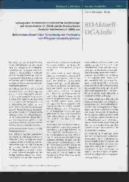 Vorschauseite 1: Stellungnahme der Deutschen Gesellschaft für Anästhesiologie und Intensivmedizin e.V. (DGAI) und des Berufsverbandes Deutscher Anästhesisten e.V. (BDA) zum Referentenentwurf einer…