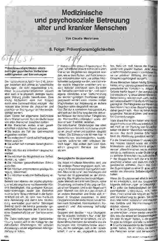 Vorschauseite 1: Medizinische und psychosoziale Betreuung alter und kranker Menschen 8. Folge: Präventionsmöglichkeiten
