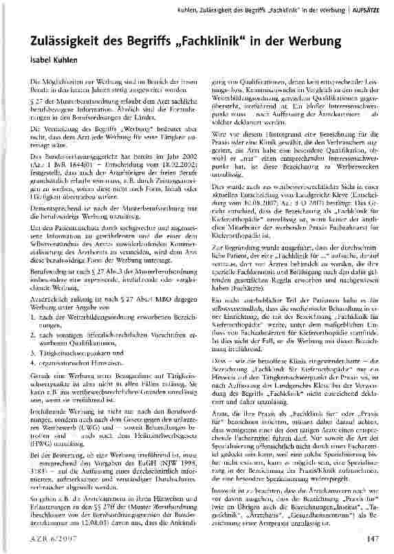 Vorschauseite 1: Zulässigkeit des Begriffs „Fachklinik in der Werbung