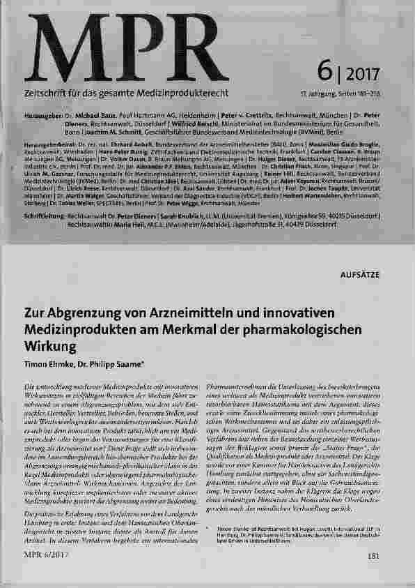 Vorschauseite 1: Zur Abgrenzung von Arzneimitteln und innovativen Medizinprodukten am Merkmal der pharmakologischen Wirkung