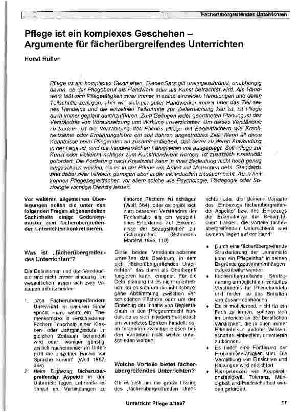 Vorschauseite 1: Pflege ist ein komplexes Geschehen -Argumente für fächerübergreifendes Unterrichten