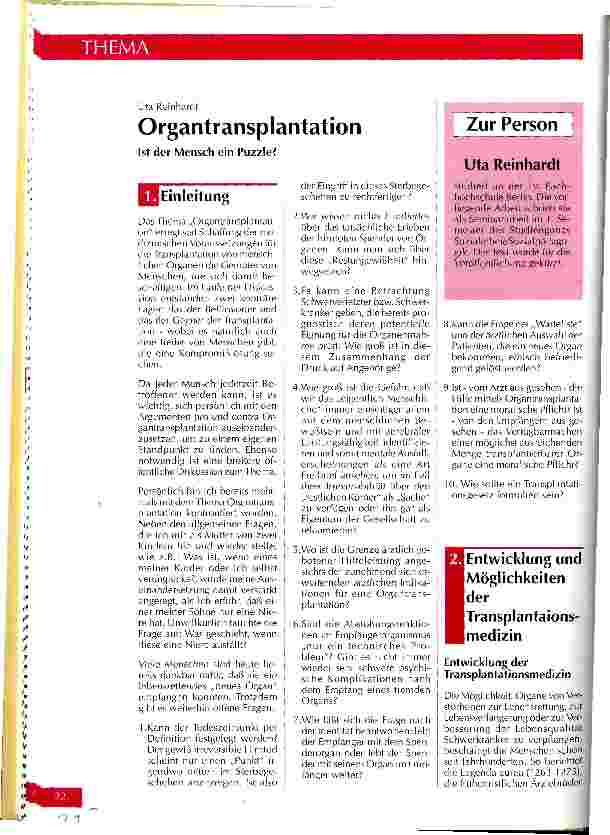 Vorschauseite 1: Organtransplantation Ist der Mensch ein Puzzle?