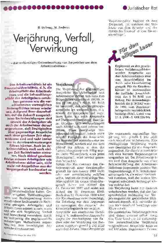 Vorschauseite 1: Verjährung, Verfall, Verwirkung Zur rechtzeitigen Geltendmachung von Ansprüchen aus dem Arbeitsverhältnis
