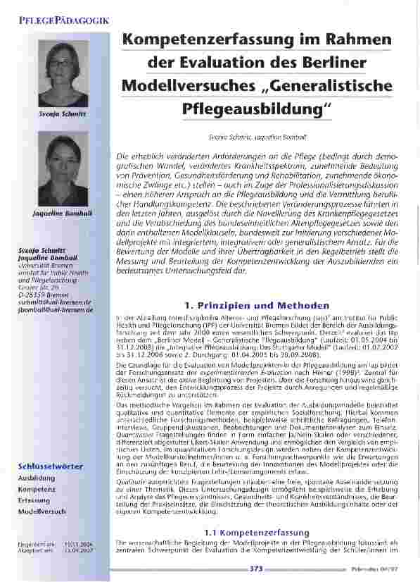 Vorschauseite 1: Kompetenzerfassung im Rahmen der Evaluation des BerlinerModellversuches Generalistische Pflegeausbildung