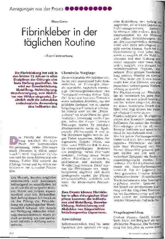 Vorschauseite 1: Fibrinkleber in der täglichen Routine Eine Untersuchung