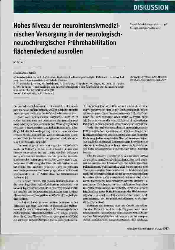 Vorschauseite 1: Hohes Niveau der neurointensivmedizinischen Versorgung in der neurologisch neurochirurgischen Frührehabilitation flächendeckend ausrollen