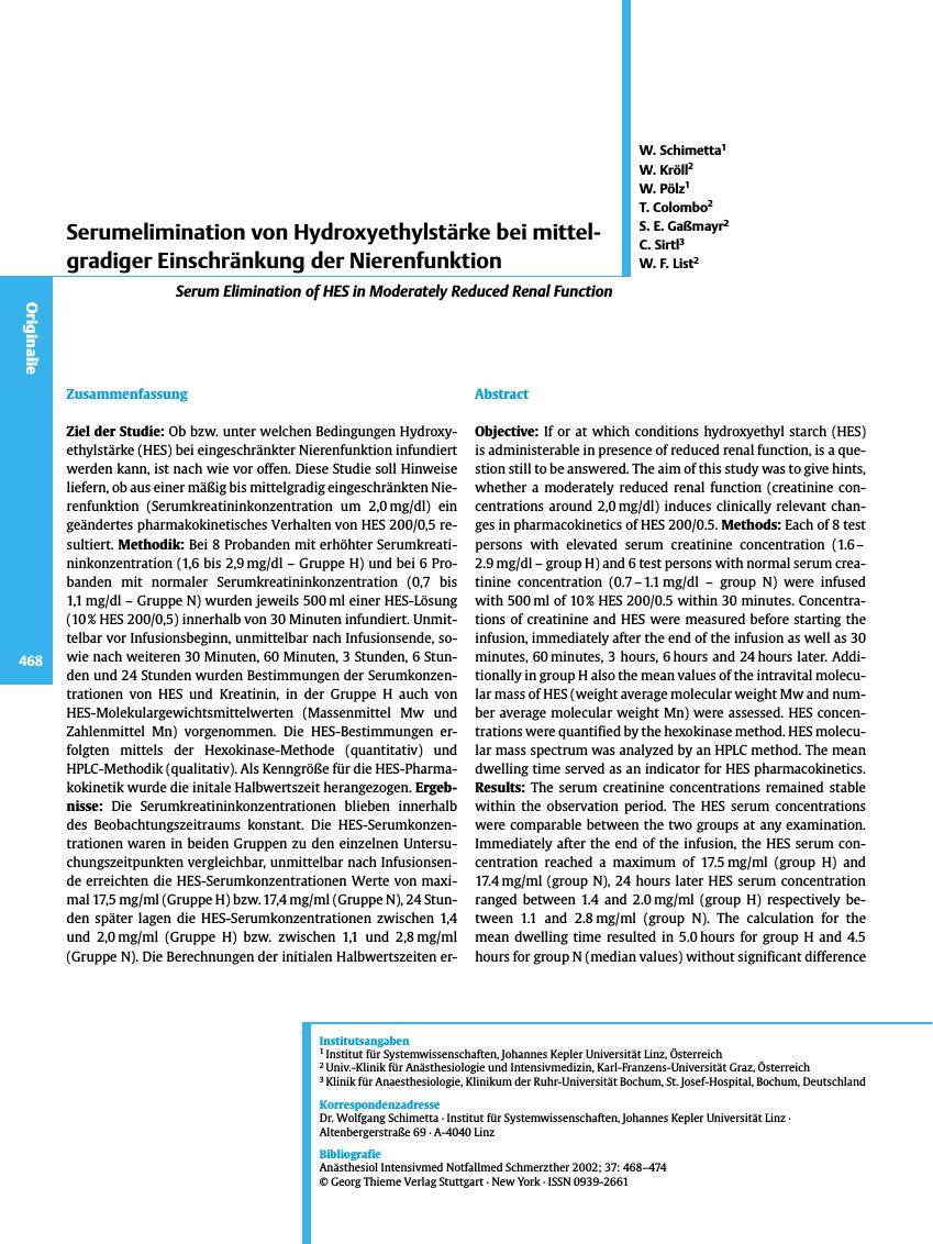 Vorschauseite 1: Serumelimination von Hydroxyethylstärke bei mittelgradiger Einschränkung der Nierenfunktion