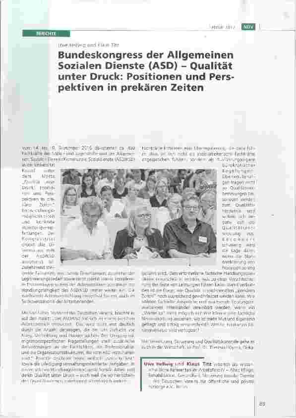 Vorschauseite 1: Bundeskongress der Allgemeinen Sozialen Dienste (ASD) Qualität unter Druck: Positionen und Perspektiven in prekären Zeiten