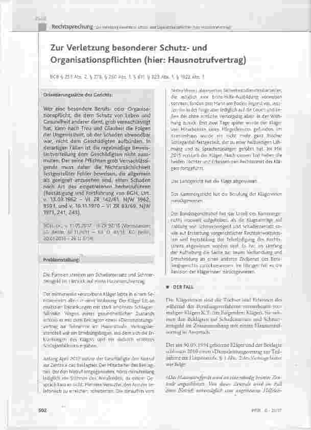 Vorschauseite 1: Zur Verletzung besonderer Schutzund Organisationspflichten (hier: Hausnotrufvertrag)