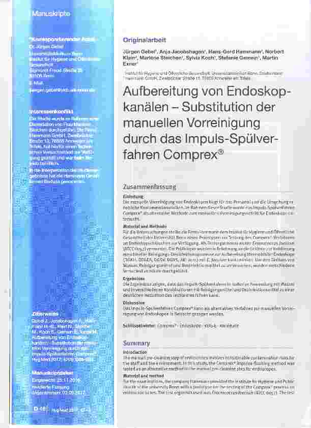 Vorschauseite 1: Aufbereitung von Endoskopkanälen Substitution der manuellen Vorreinigung durch das Impuls-Spülverfahren Comprex®