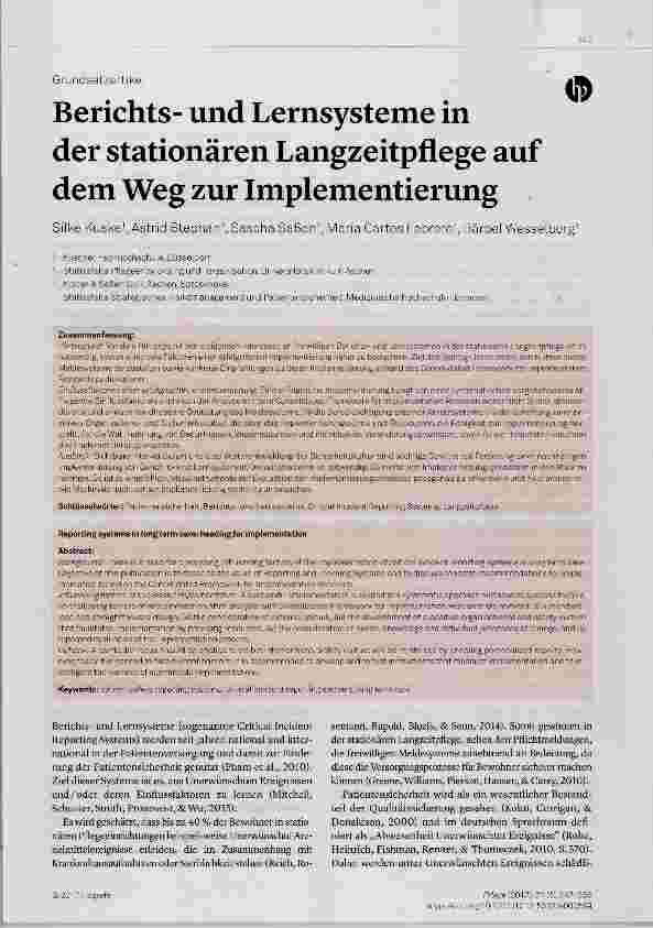 Vorschauseite 1: Berichtsund Lernsysteme in der stationären Langzeitpflege auf dem Weg zur Implementierung