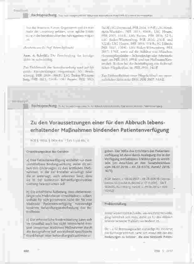 Vorschauseite 1: Zu den Voraussetzungen einer für den Abbruch lebenserhaltender Maßnahmen bindenden Patientenverfügung