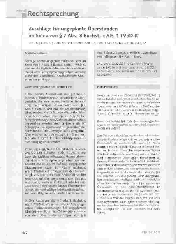 Vorschauseite 1: Zuschläge für ungeplante Überstunden im Sinne von § 7 Abs. 8 Buchst, c Alt. 1 TVöD-K