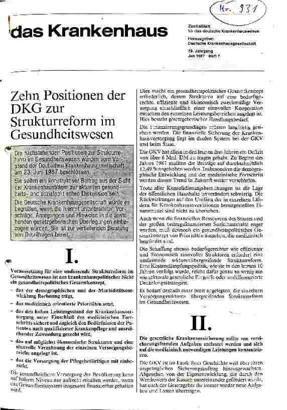 Vorschauseite 1: Zehn Positionen der DKG zur Strukturreform im Gesundheitswesen