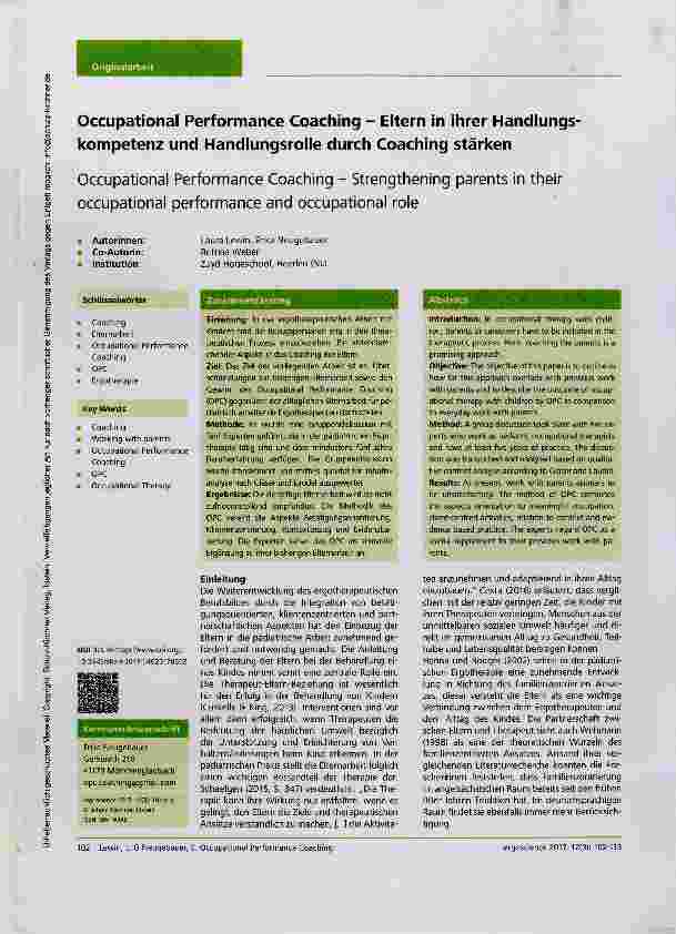 Vorschauseite 1: Occupational Performance Coaching Eitern in ihrer Handlungskompetenz und Handlungsrolle durch Coaching stärken