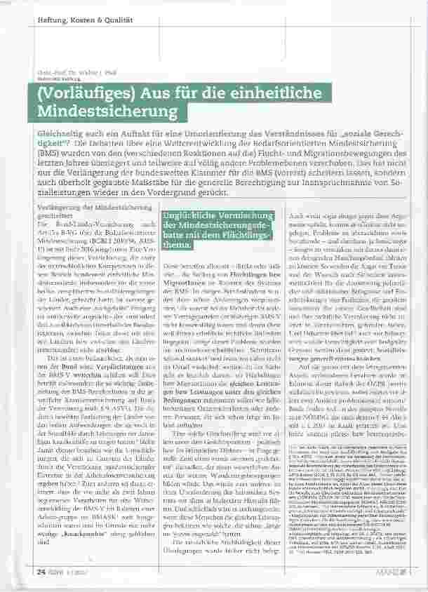 Vorschauseite 1: (Vorläufiges) Aus für die einheiüiche Mindestsicherung