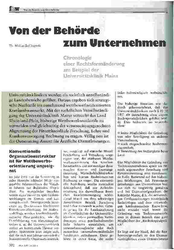 Vorschauseite 1: Von der Behörde zum Unternehmen Chronologie einer Rechtsformänderung am Beispiel der Universitätsklinik Mainz
