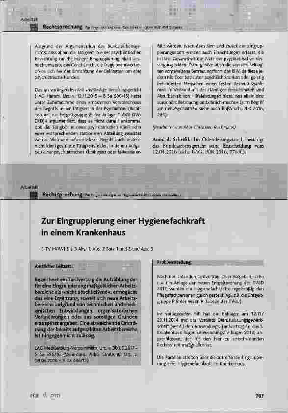 Vorschauseite 1: Zur Eingruppierung einer Hygienefachkraft in einem Krankenhaus