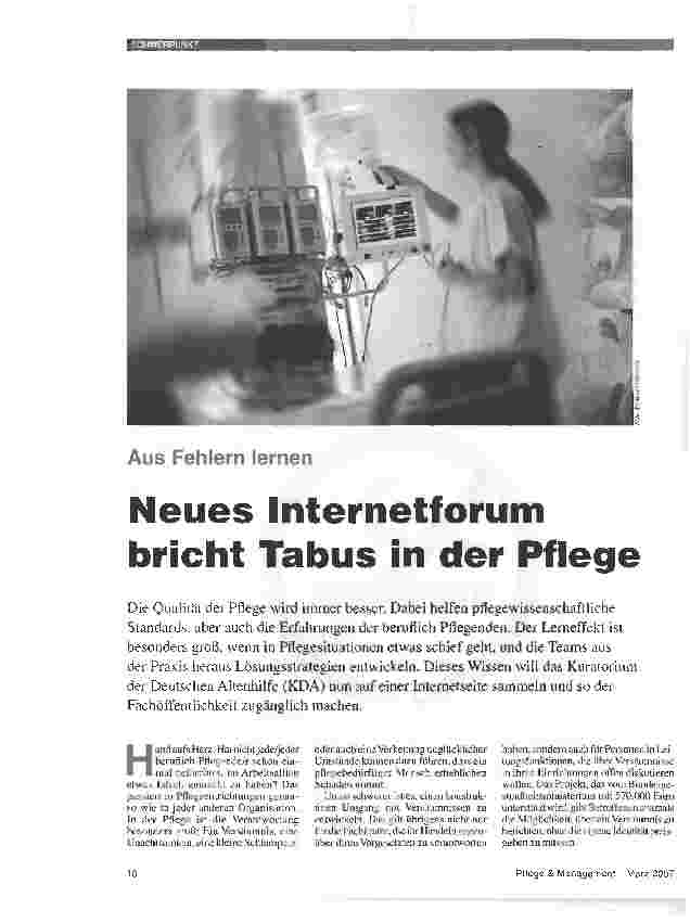 Vorschauseite 1: Neues Internetforum bricht Tabus in der Pflege