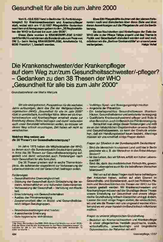 Vorschauseite 1: Die Krankenschwester/der Krankenpfleger auf dem Weg zur/zum Gesundheitsschwester/-pfleger? Gedanken zu den 38 Thesen der WHO