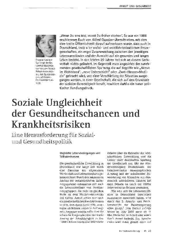 Vorschauseite 1: Soziale Ungleichheit der Gesundheitschancen und Krankheitsrisiken