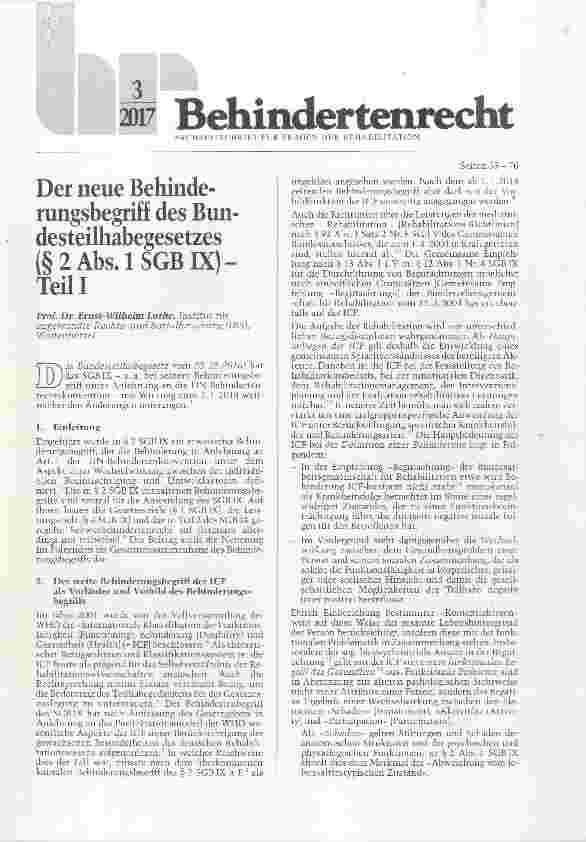 Vorschauseite 1: Der neue Behinderungsbegriff des Bundesteilhabegesetzes (§ 2 Abs. 1 SGB K) - Teil 1