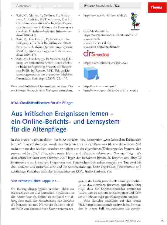 Vorschauseite 1: Aus kritischen Ereignissen lernen -ein Online-Berichtsund Lernsystem für die Altenpflege