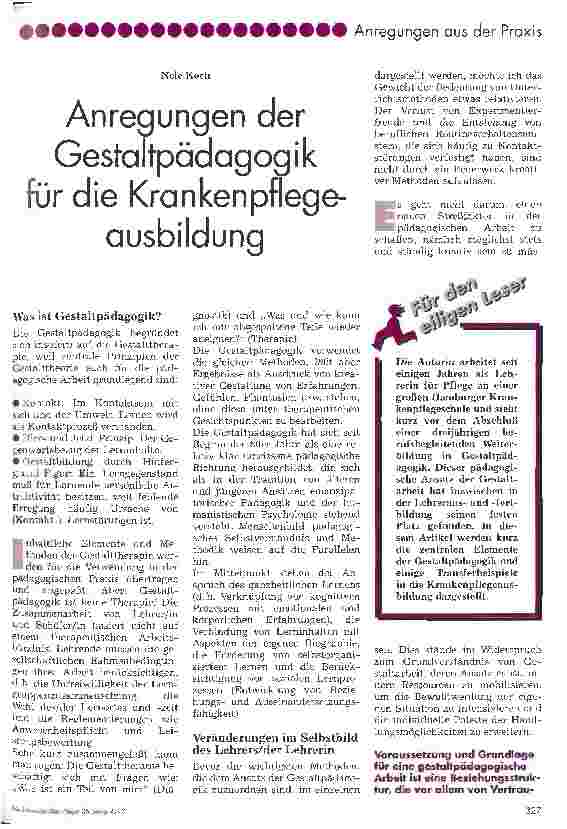 Vorschauseite 1: Anregungen der Gestaltpädagogik für die Krankenpfelgeausbildung