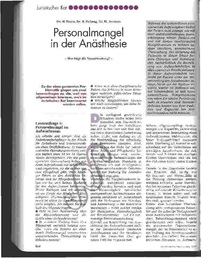 Vorschauseite 1: Personalmangel in der Anästhesie Wer trägt die Verantwortung?
