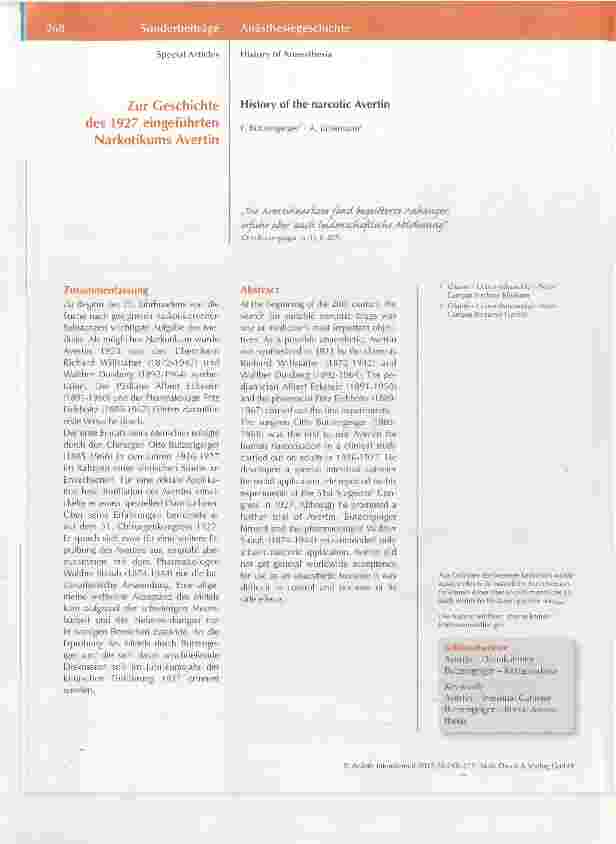 Vorschauseite 1: Zur Geschichte des 1927 eingeführten Narkotikums Avertin
