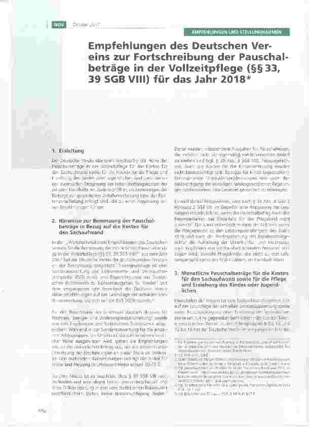 Vorschauseite 1: Empfehlungen des Deutschen Vereins zur Fortschreibung der Pauschal beträge in der Vollzeitpflege (§§33, 39 SGB VIII) für das Jahr 2018*