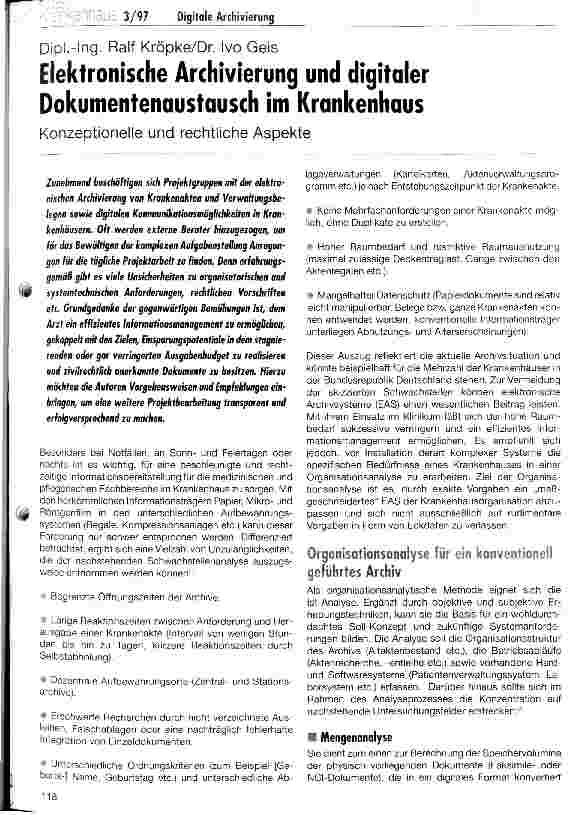 Vorschauseite 1: Elektronische Archivierung und digitaler Dokumentenaustausch im Krankenhaus Konzeptionelle und rechtliche Aspekte