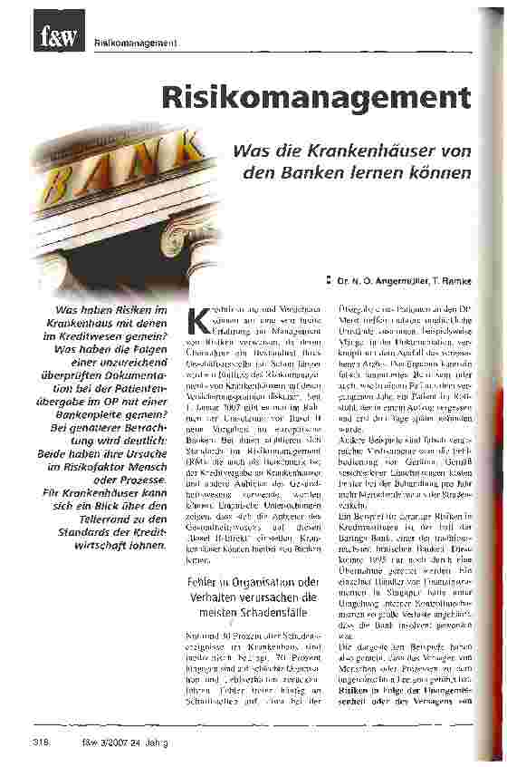 Vorschauseite 1: RisikomanagementWas die Krankenhäuser von den Banken lernen können