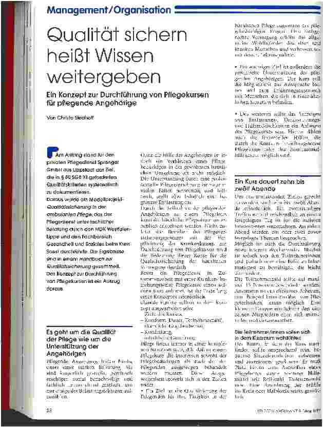 Vorschauseite 1: Qualität sichern heißt Wissen weitergeben Ein Konzept zur Durchführung von Pflegekursen für pflegende Angehörige