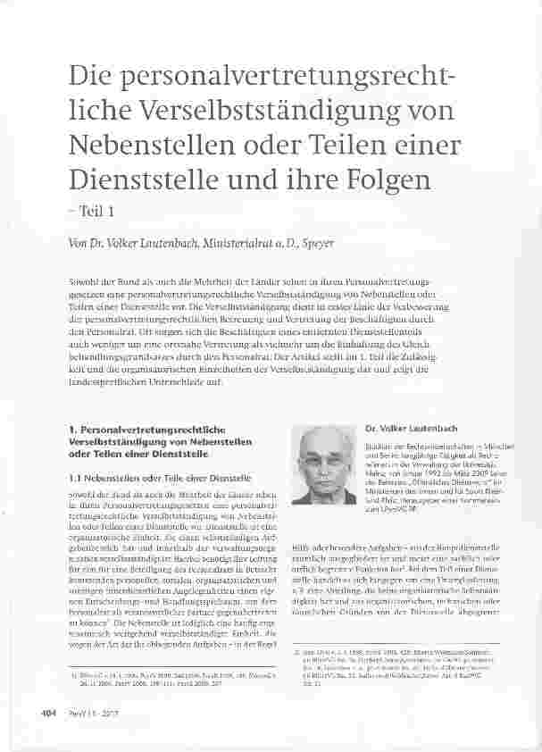 Vorschauseite 1: Die personalvertretungsrechtliche Verselbstständigung von Nebenstellen oder Teilen einer Dienststelle und ihre Folgen - Teil 1