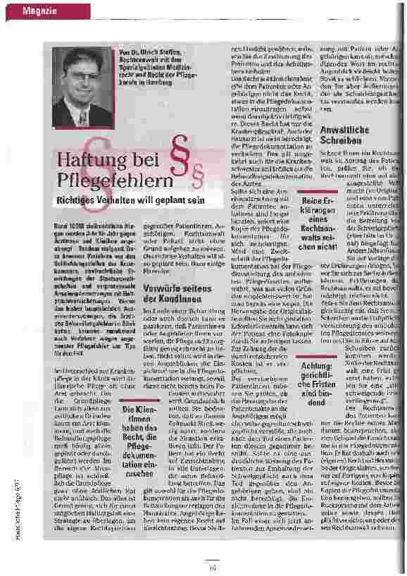 Vorschauseite 1: Haftung bei Pflegefehlern Richtiges Verhalten will gelernt sein