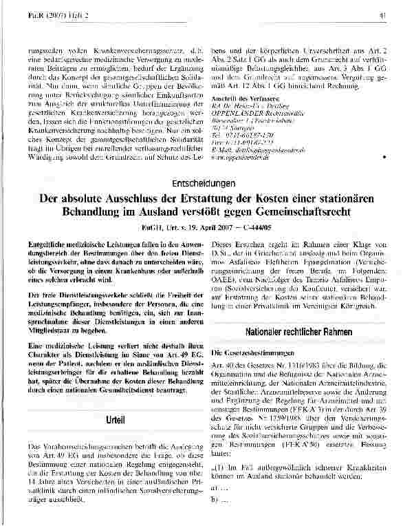 Vorschauseite 1: Der absolute Ausschluss der Erstattung der Kosten einer stationären Behandlung im Ausland verstößt gegen Gemeinschaftsrecht