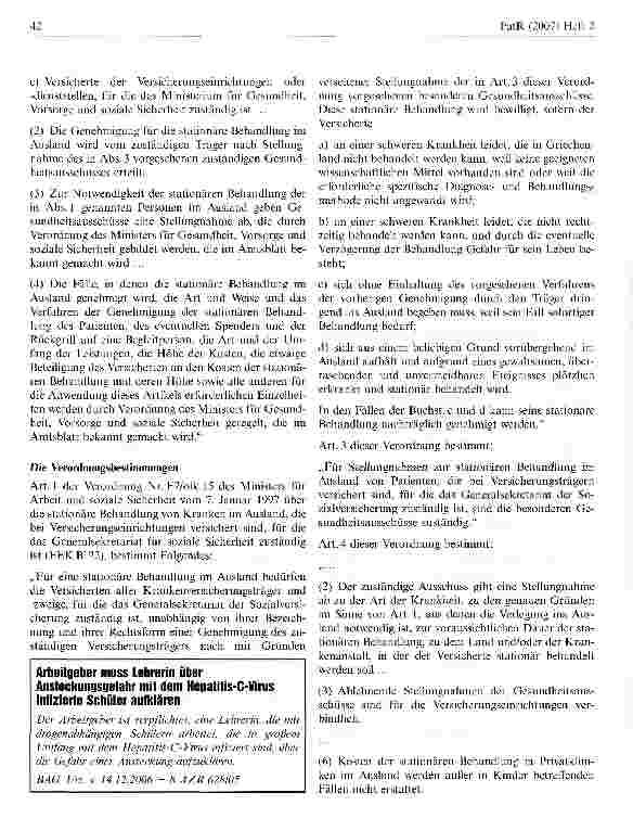Vorschauseite 2: Der absolute Ausschluss der Erstattung der Kosten einer stationären Behandlung im Ausland verstößt gegen Gemeinschaftsrecht