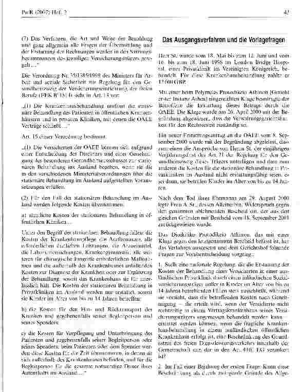 Vorschauseite 3: Der absolute Ausschluss der Erstattung der Kosten einer stationären Behandlung im Ausland verstößt gegen Gemeinschaftsrecht