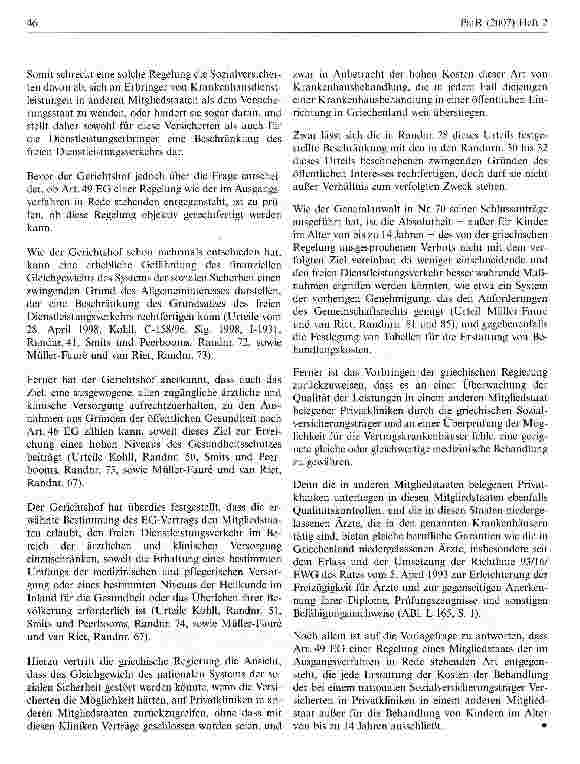 Vorschauseite 6: Der absolute Ausschluss der Erstattung der Kosten einer stationären Behandlung im Ausland verstößt gegen Gemeinschaftsrecht