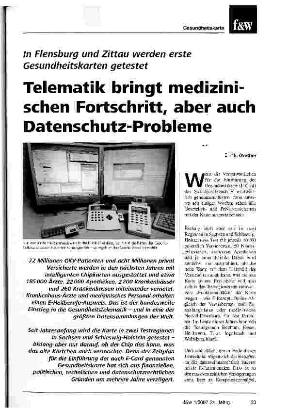 Vorschauseite 1: Telematik bringt medizinischen Fortschritt, aber auch Datenschutz-Probleme