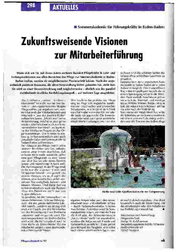 Vorschauseite 1: Zukunftsweisende Visionen zur Mitarbeiterführung Sommerakademie für Führungskräfte in Baden-Baden